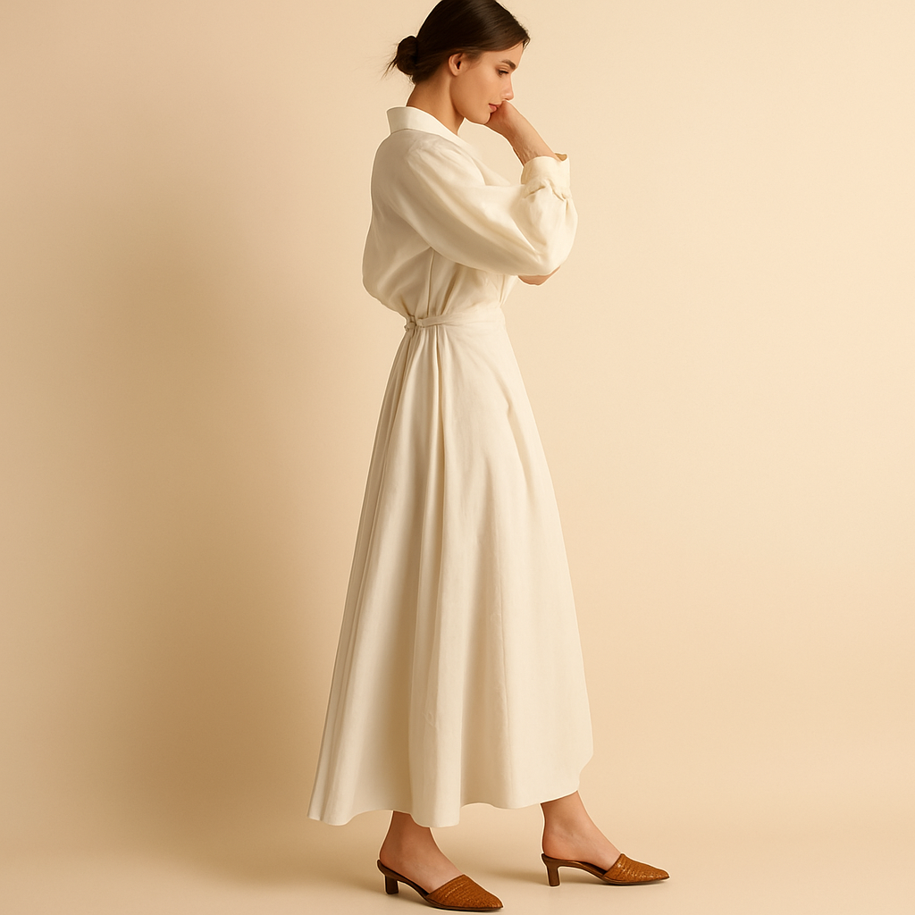 Elegante maxijurk voor dames met lange mouwen, V-halslijn en opvallende print, perfect voor seizoenswisselingen en formele gelegenheden.