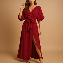 Vrouw draagt elegante V-hals jurk voor dames, geschikt voor dagelijkse en feestelijke gelegenheden.