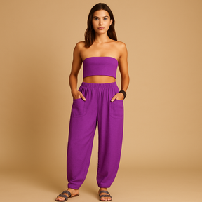 Zomerbroek voor dames met hoge taille, losse pasvorm en boho design, ideaal voor zomerse dagen en ontspannen outfits.