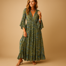 Dames boho-jurk in lange, luchtige stijl met elegante pasvorm, perfect voor casual dagen of feestelijke gelegenheden.