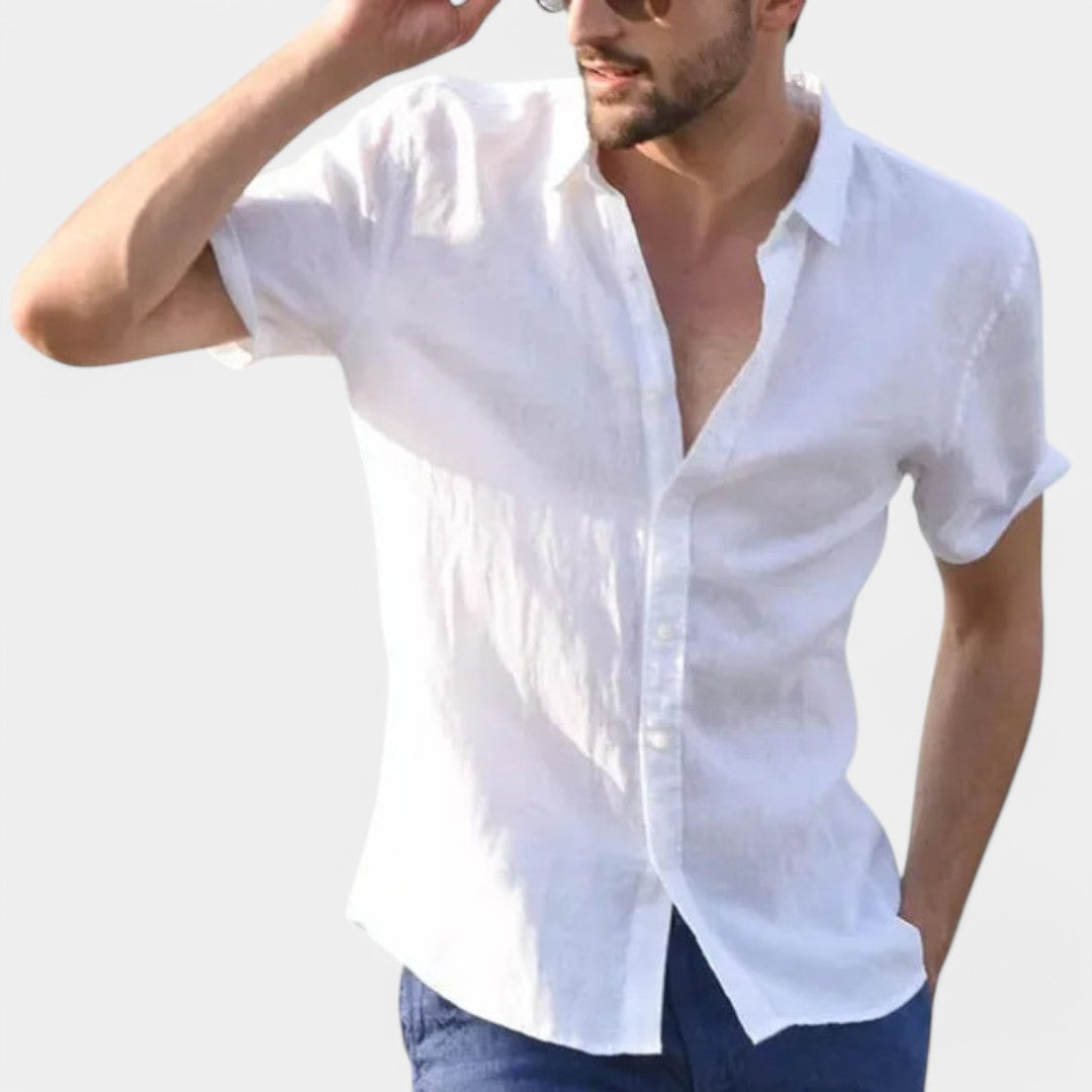 Heren overhemd van linnenmix met korte mouwen, relaxed fit en ademende stof, perfect voor zomerse en casual gelegenheden
