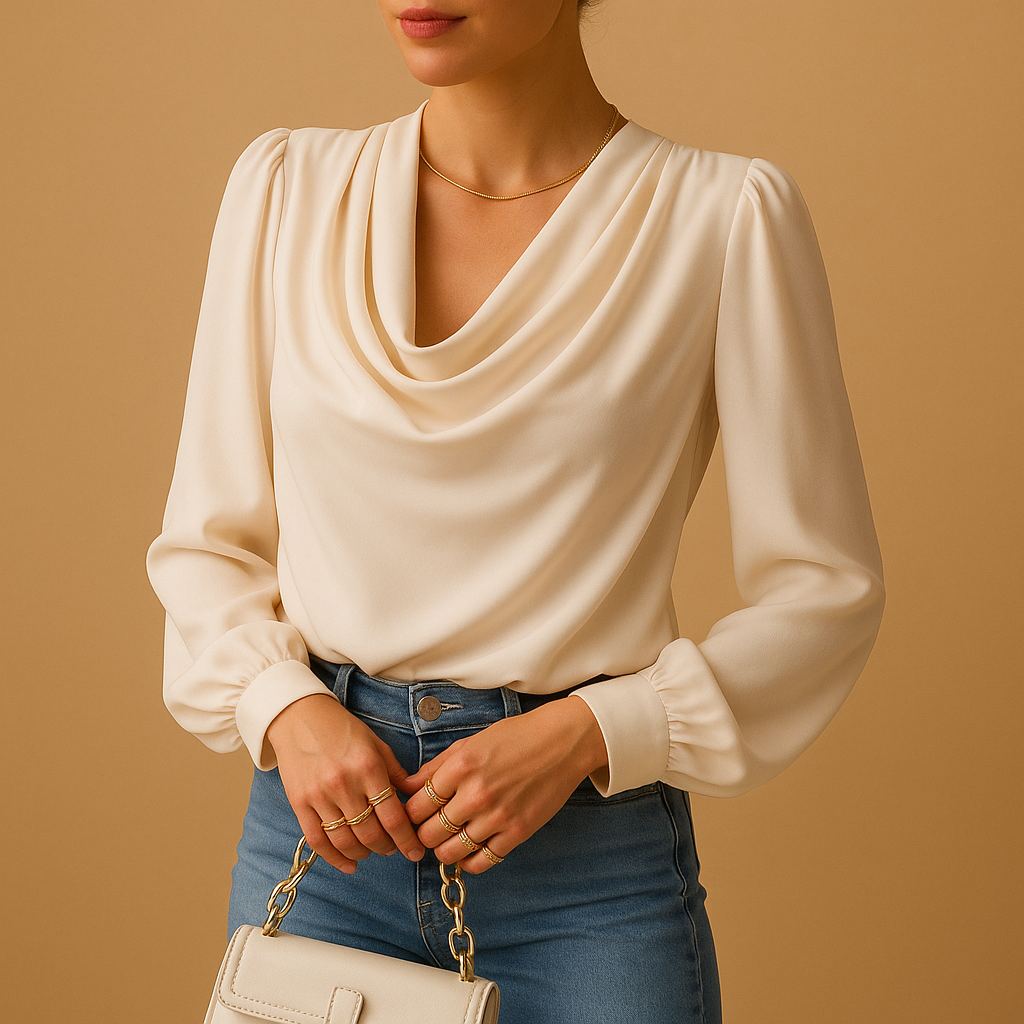 Dames blouse van chiffon met V-hals en pofmouwen in beige, roze en blauw – luchtig en elegant voor elke gelegenheid.