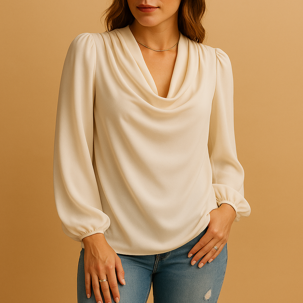 Dames blouse van chiffon met V-hals en pofmouwen in beige, roze en blauw – luchtig en elegant voor elke gelegenheid.