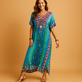 Comfortabele maxi-jurk voor dames in ademende stof met flatterende pasvorm, ideaal voor lente- en zomerdagen.