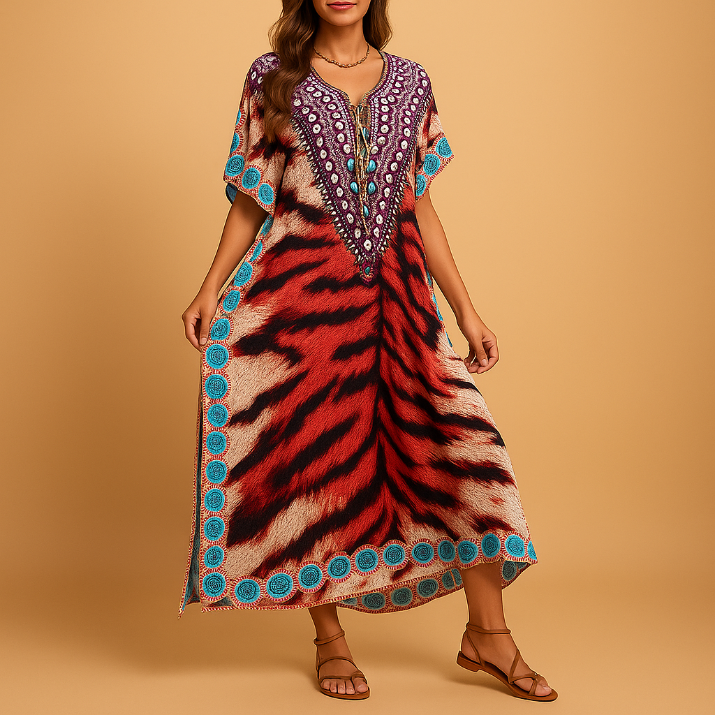 Comfortabele maxi-jurk voor dames in ademende stof met flatterende pasvorm, ideaal voor lente- en zomerdagen.