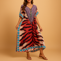 Comfortabele maxi-jurk voor dames in ademende stof met flatterende pasvorm, ideaal voor lente- en zomerdagen.