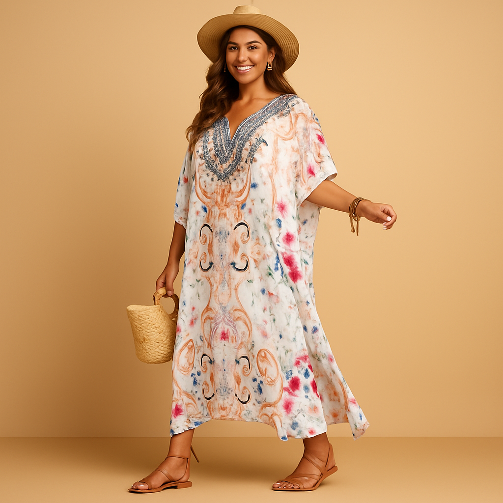 Comfortabele maxi-jurk voor dames in ademende stof met flatterende pasvorm, ideaal voor lente- en zomerdagen.