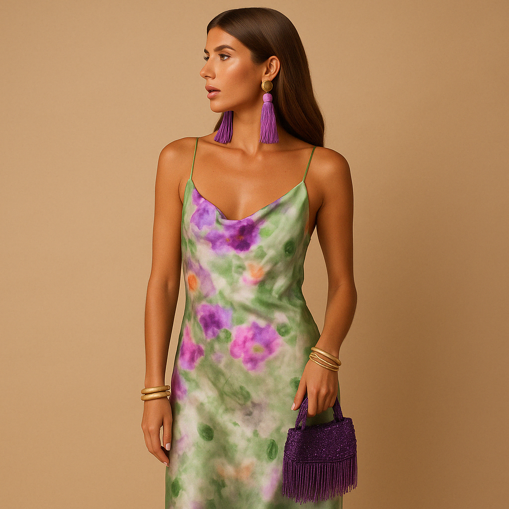 Dames maxi-jurk met diepe V-hals en uniek geverfd patroon, ideaal voor zomerse feesten en elegante gelegenheden