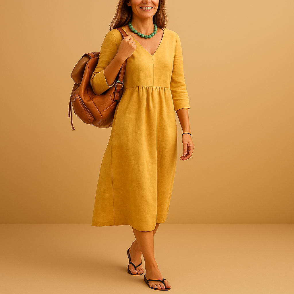 Hoog getailleerde dames midi-jurk met V-hals en halflange mouwen, geschikt voor formele en casual gelegenheden.