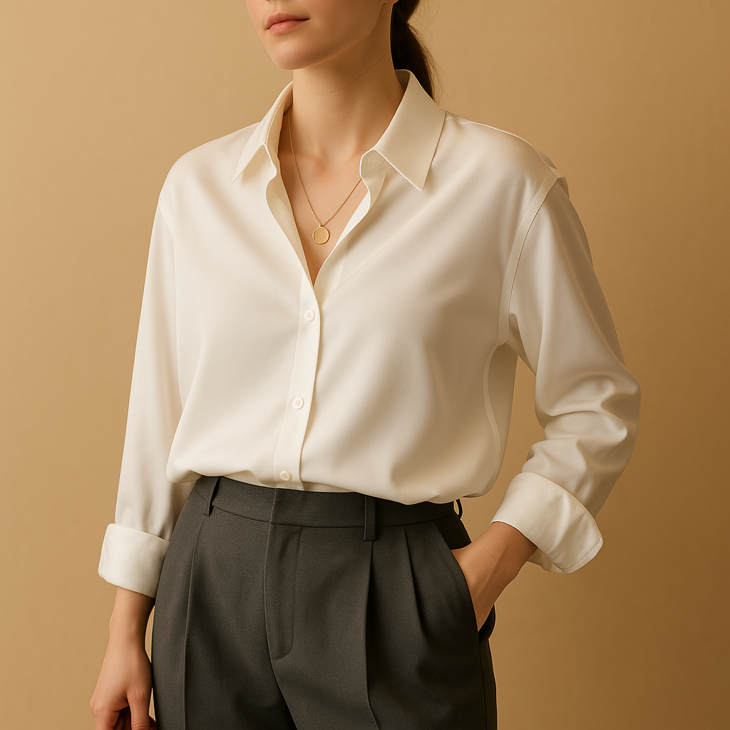 Elegante satijnen blouse voor dames met omgeslagen kraag en knoopsluiting, perfect voor formele en casual gelegenheden.