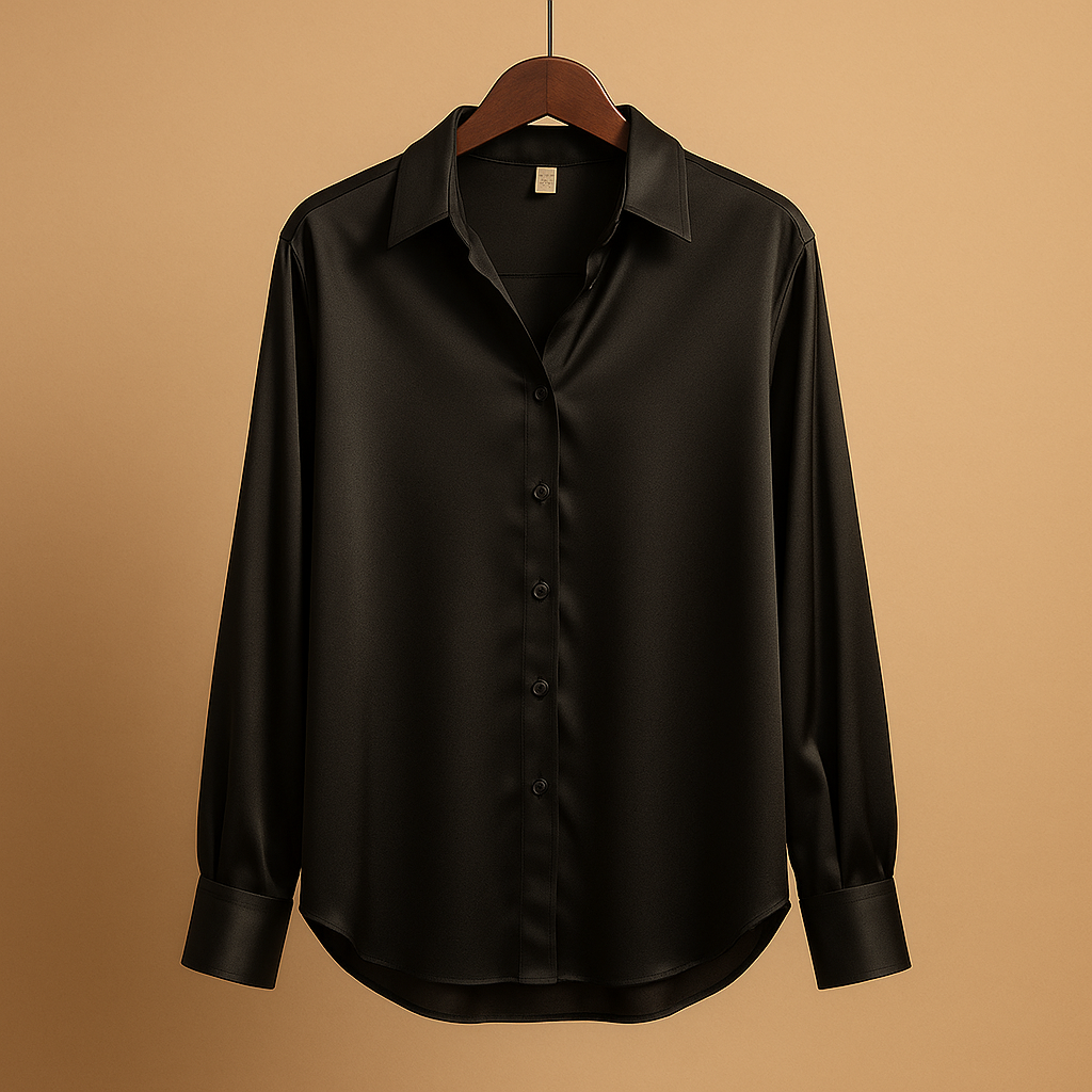 Elegante satijnen blouse voor dames met omgeslagen kraag en knoopsluiting, perfect voor formele en casual gelegenheden.