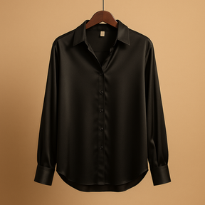 Elegante satijnen blouse voor dames met omgeslagen kraag en knoopsluiting, perfect voor formele en casual gelegenheden.