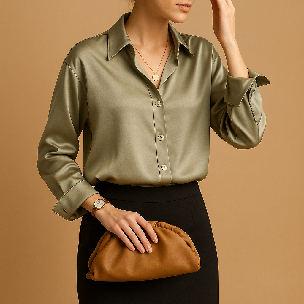 Elegante satijnen blouse voor dames met omgeslagen kraag en knoopsluiting, perfect voor formele en casual gelegenheden.