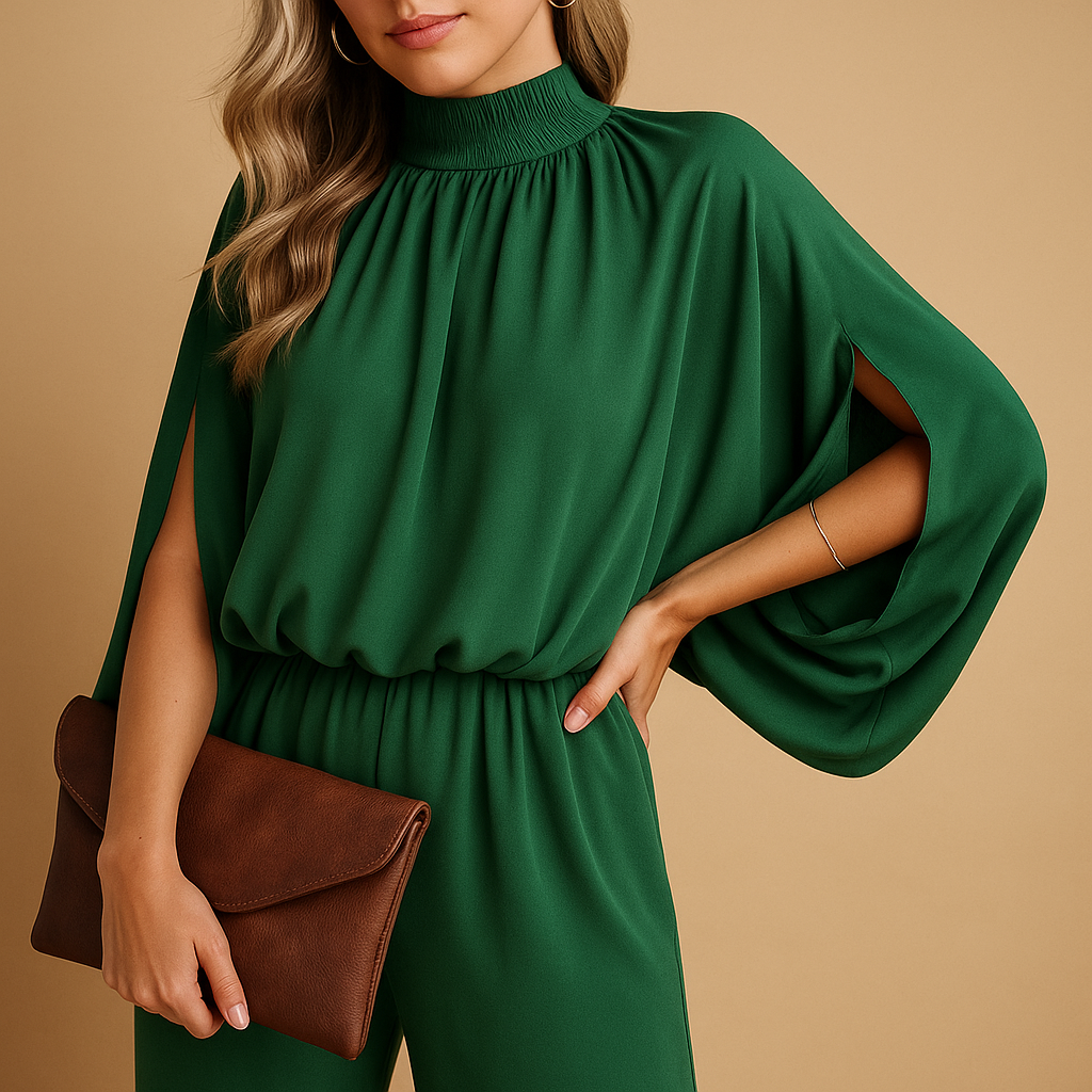 Stijlvolle dames jumpsuit met lange mouwen en wijde broekspijpen, perfect voor zowel formele gelegenheden als casual momenten.