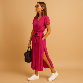 Elegante dames zomerjurk met A-lijn pasvorm, pofmouwen en knoopdetails – ideaal voor casual en stijlvolle zomerdagen