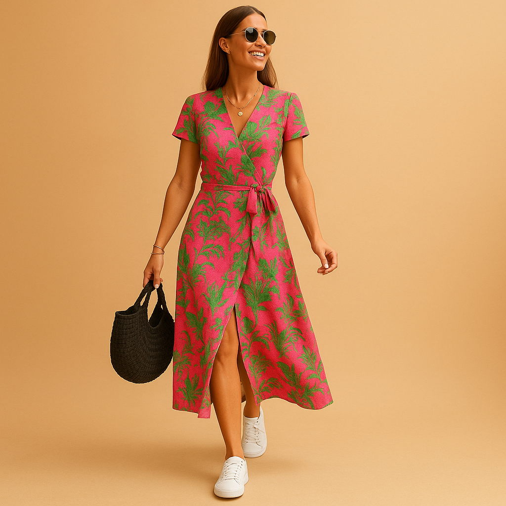 Elegante dames zomerjurk met A-lijn pasvorm, pofmouwen en knoopdetails – ideaal voor casual en stijlvolle zomerdagen