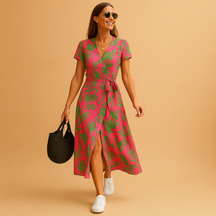 Elegante dames zomerjurk met A-lijn pasvorm, pofmouwen en knoopdetails – ideaal voor casual en stijlvolle zomerdagen