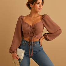 Aansluitende blouse voor dames met zoethart halslijn en koorddetail, elegant, ademend en ideaal voor casual of feestelijke gelegenheden.