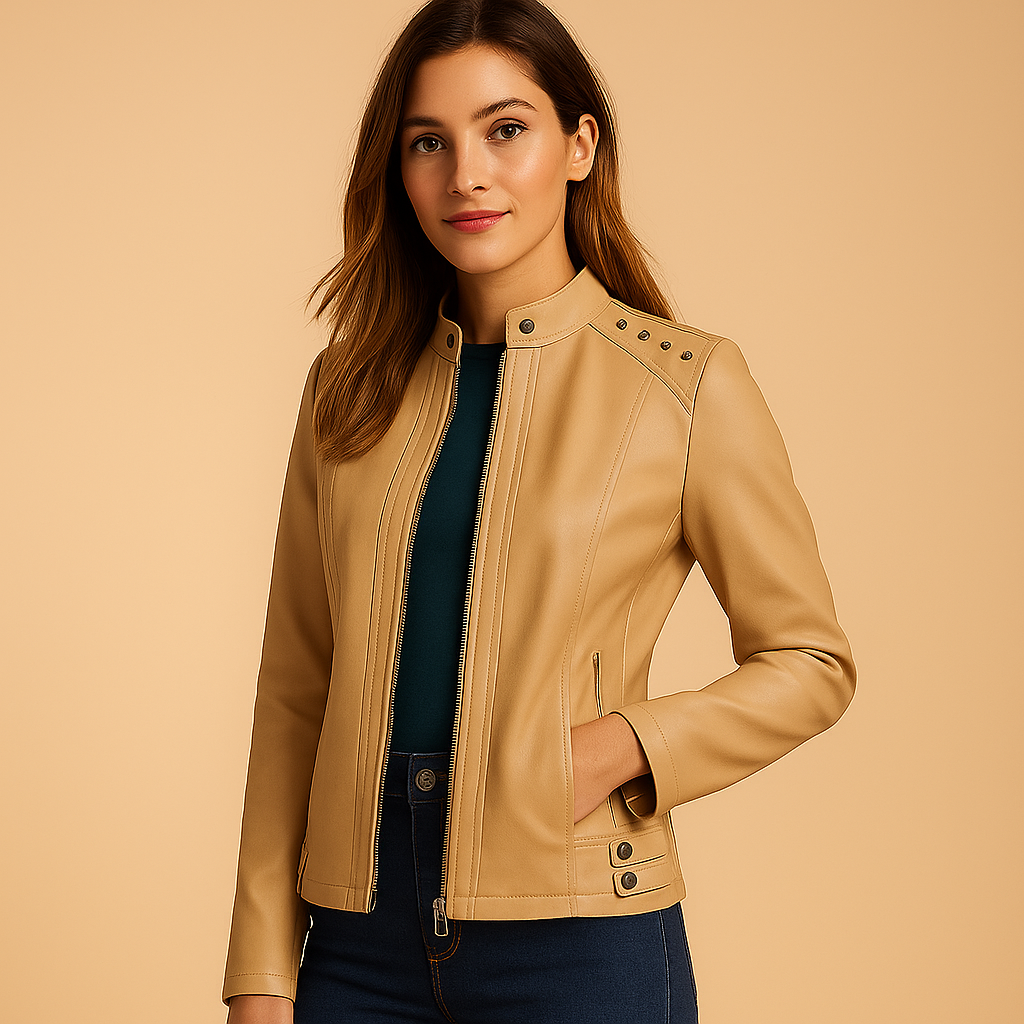 Stijlvol bikerjack voor dames met gestructureerd silhouet, metalen accenten en staande kraag. Perfect voor dagelijks gebruik, city looks en elegante layering.