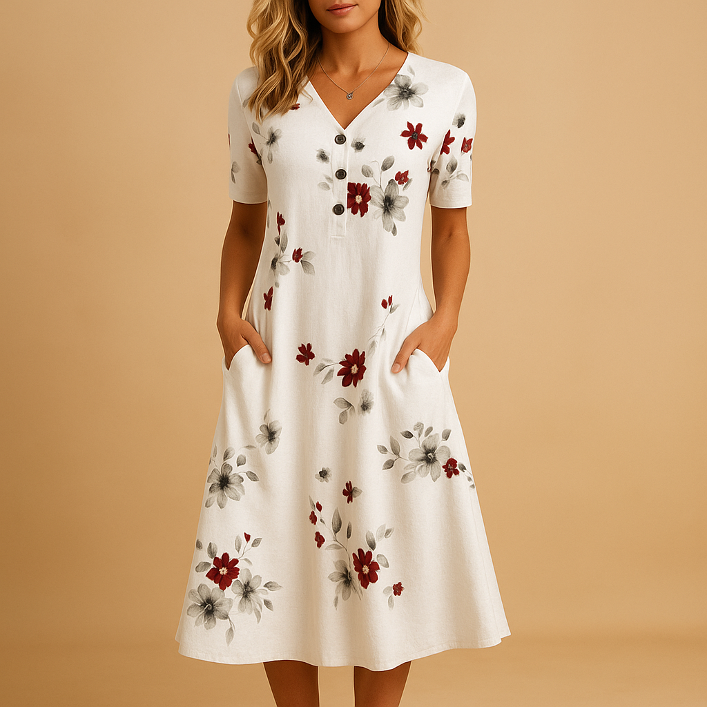 Luchtige dames bloemenjurk met comfortabel model en vrouwelijk bloemmotief, ideaal voor zomerse casual of feestelijke gelegenheden