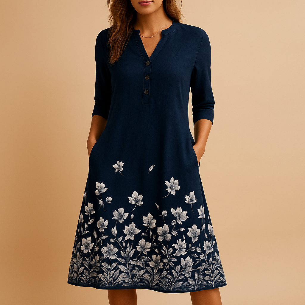 Luchtige dames bloemenjurk met comfortabel model en vrouwelijk bloemmotief, ideaal voor zomerse casual of feestelijke gelegenheden