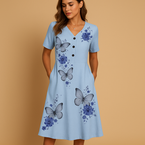 Luchtige dames bloemenjurk met comfortabel model en vrouwelijk bloemmotief, ideaal voor zomerse casual of feestelijke gelegenheden
