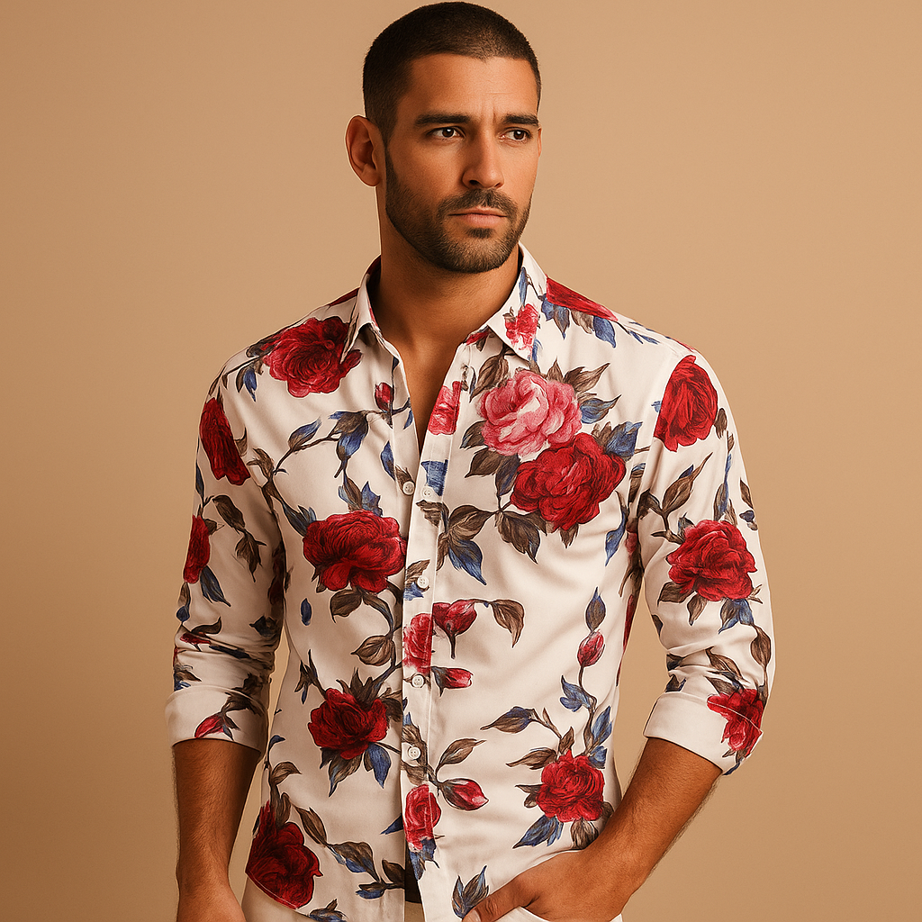 Heren bloemenoverhemd met moderne pasvorm en opvallende print in zwart, blauw of rood – perfect voor casual en semi-formele outfits.