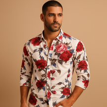 Heren bloemenoverhemd met moderne pasvorm en opvallende print in zwart, blauw of rood – perfect voor casual en semi-formele outfits.