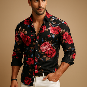 Heren bloemenoverhemd met moderne pasvorm en opvallende print in zwart, blauw of rood – perfect voor casual en semi-formele outfits.