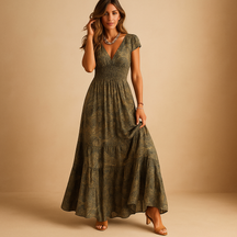 Elegante dames maxi-jurk met bloemenprint en rucheskraag, ideaal voor feestjes, etentjes of een stijlvolle daglook