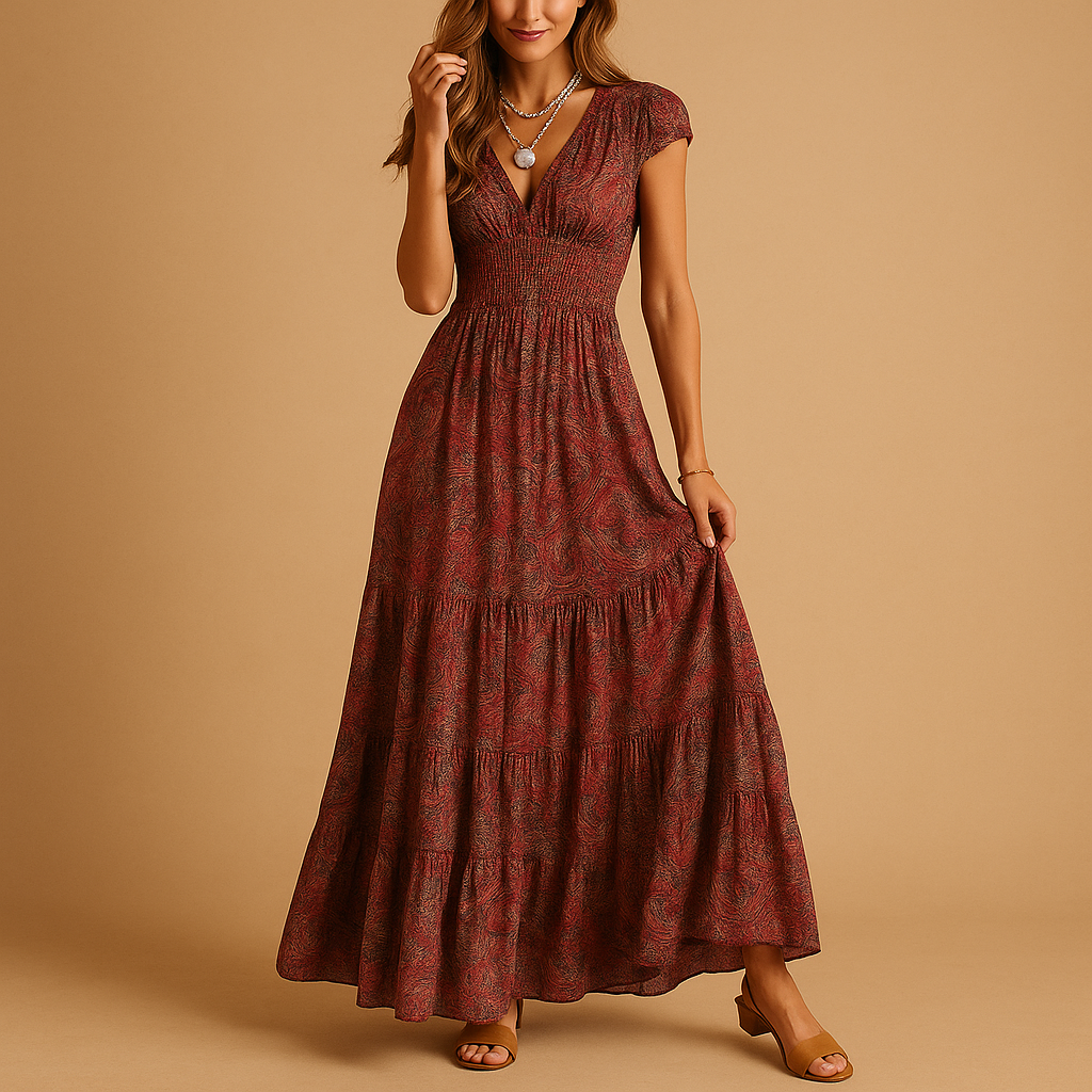 Elegante dames maxi-jurk met bloemenprint en rucheskraag, ideaal voor feestjes, etentjes of een stijlvolle daglook