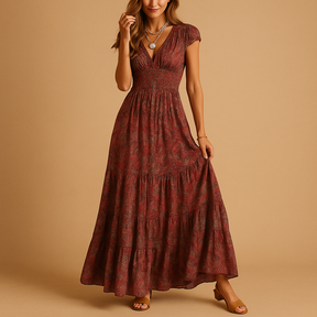 Elegante dames maxi-jurk met bloemenprint en rucheskraag, ideaal voor feestjes, etentjes of een stijlvolle daglook