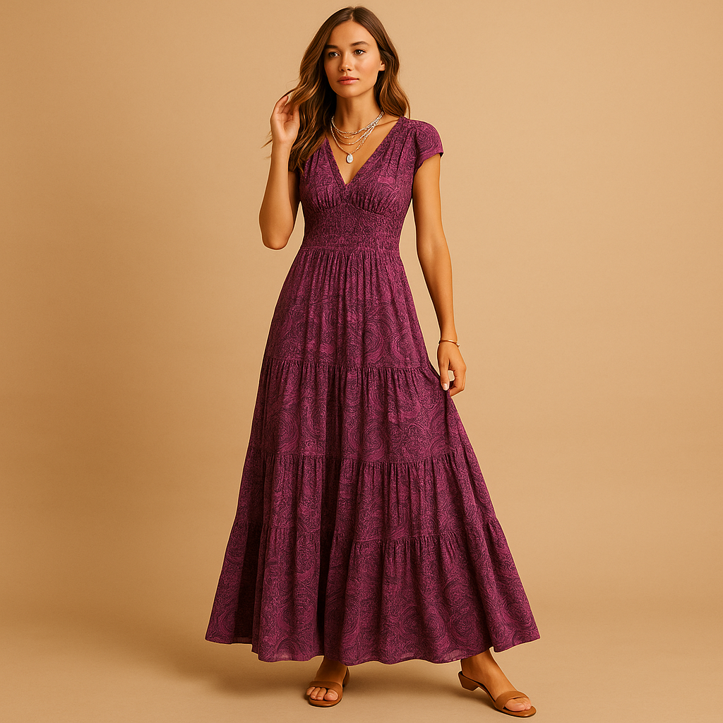 Elegante dames maxi-jurk met bloemenprint en rucheskraag, ideaal voor feestjes, etentjes of een stijlvolle daglook