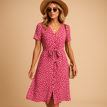 Luchtige dames midi-jurk met bloemenprint en korte mouwen, perfect voor zomer, feestjes en casual gelegenheden