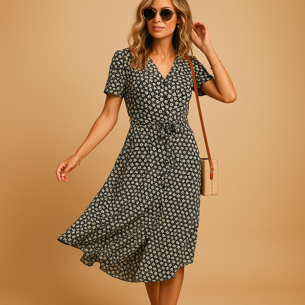 Luchtige dames midi-jurk met bloemenprint en korte mouwen, perfect voor zomer, feestjes en casual gelegenheden