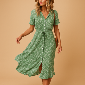Luchtige dames midi-jurk met bloemenprint en korte mouwen, perfect voor zomer, feestjes en casual gelegenheden