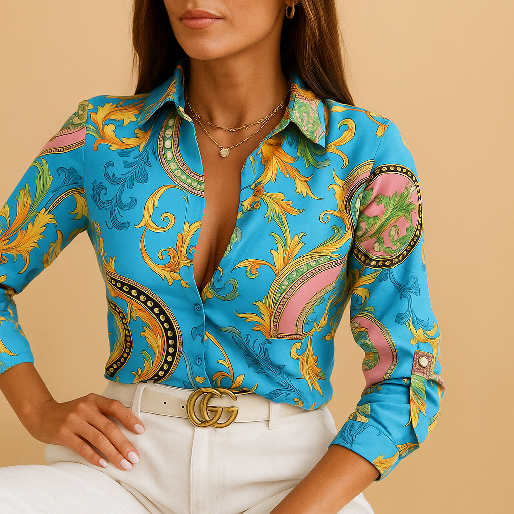 Elegante dames blouse met overslaghals en opvallende print in blauw, beige en zwart, ideaal voor werk of een avondje uit.