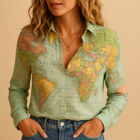 Stijlvolle groene blouse voor dames met wereldkaartprint en halve knoopsluiting, ideaal voor reizen en dagelijkse casual looks.