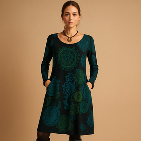 Bohemian maxi-jurk voor dames met lange mouwen en zakken in rood, zwart, blauw of groen – perfect voor casual of avondlooks.