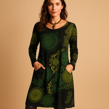 Bohemian maxi-jurk voor dames met lange mouwen en zakken in rood, zwart, blauw of groen – perfect voor casual of avondlooks.