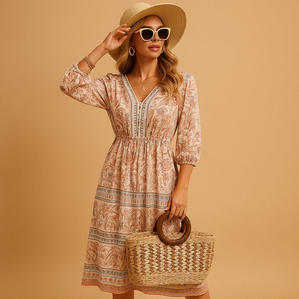 Bohemian zomerjurk voor dames met losvallende pasvorm en fijne patronen, ideaal voor festivals, stranddagen en zomerse uitjes