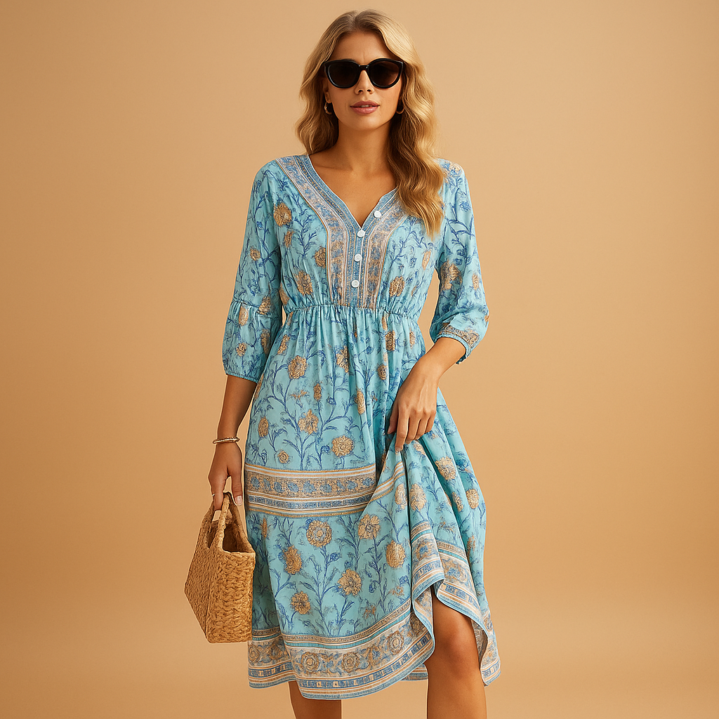 Bohemian zomerjurk voor dames met losvallende pasvorm en fijne patronen, ideaal voor festivals, stranddagen en zomerse uitjes