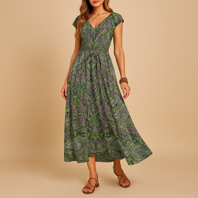 Luchtige boho zomerjurk voor dames met vloeiende pasvorm en levendige kleuren, perfect voor strand, festivals of casual dagen