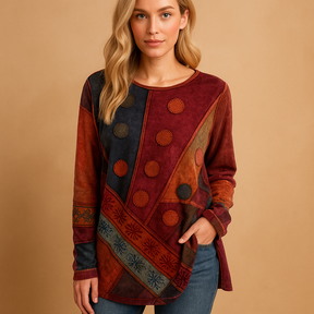 Boho off-shoulder dames top met etnische print en lange mouwen, ideaal voor zomerse festivals en casual outfits.