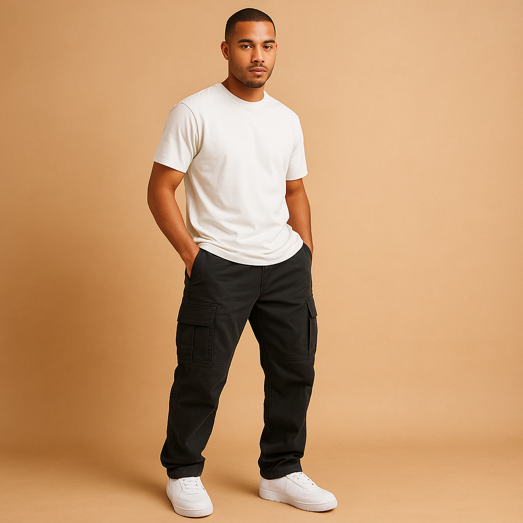 Regular fit heren cargo broek in neutrale tinten met meerdere zakken, gemaakt van comfortabele katoenmix voor dagelijks gebruik.