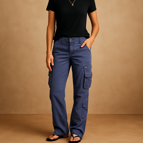 Dames cargo broek in rood en groen met ruime zakken, perfect voor casual outfits met praktische flair.