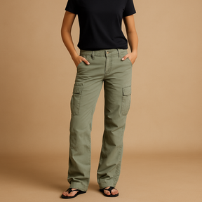 Dames cargo broek in rood en groen met ruime zakken, perfect voor casual outfits met praktische flair.