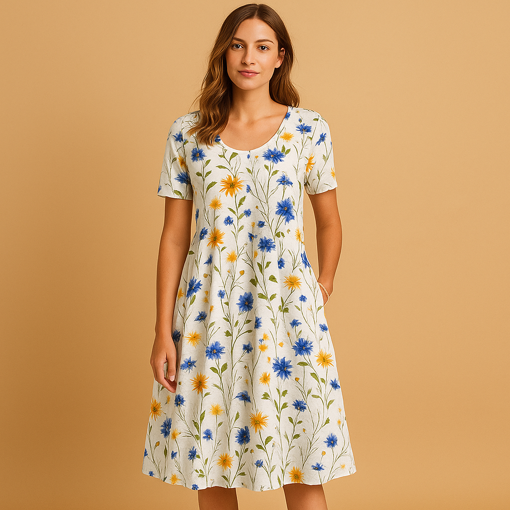 Casual damesjurk van ademend katoen met bloemenprint en flatterende pasvorm, ideaal voor warme dagen en diverse gelegenheden.