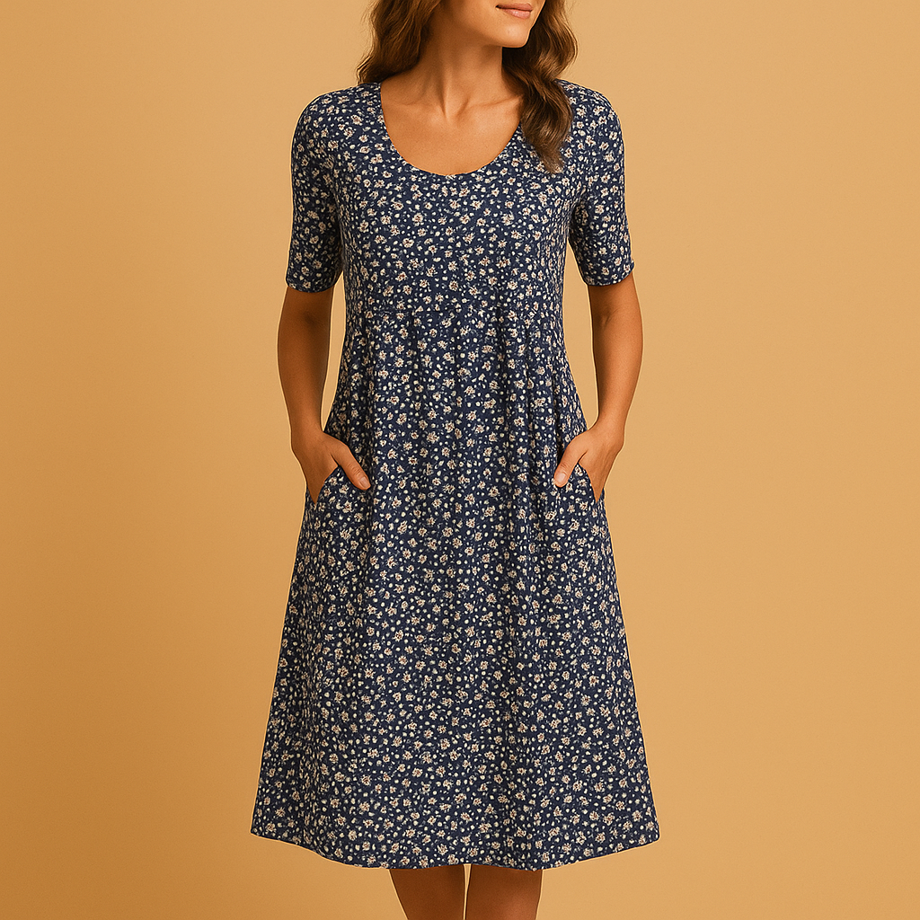 Casual damesjurk van ademend katoen met bloemenprint en flatterende pasvorm, ideaal voor warme dagen en diverse gelegenheden.