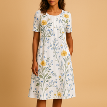 Casual damesjurk van ademend katoen met bloemenprint en flatterende pasvorm, ideaal voor warme dagen en diverse gelegenheden.